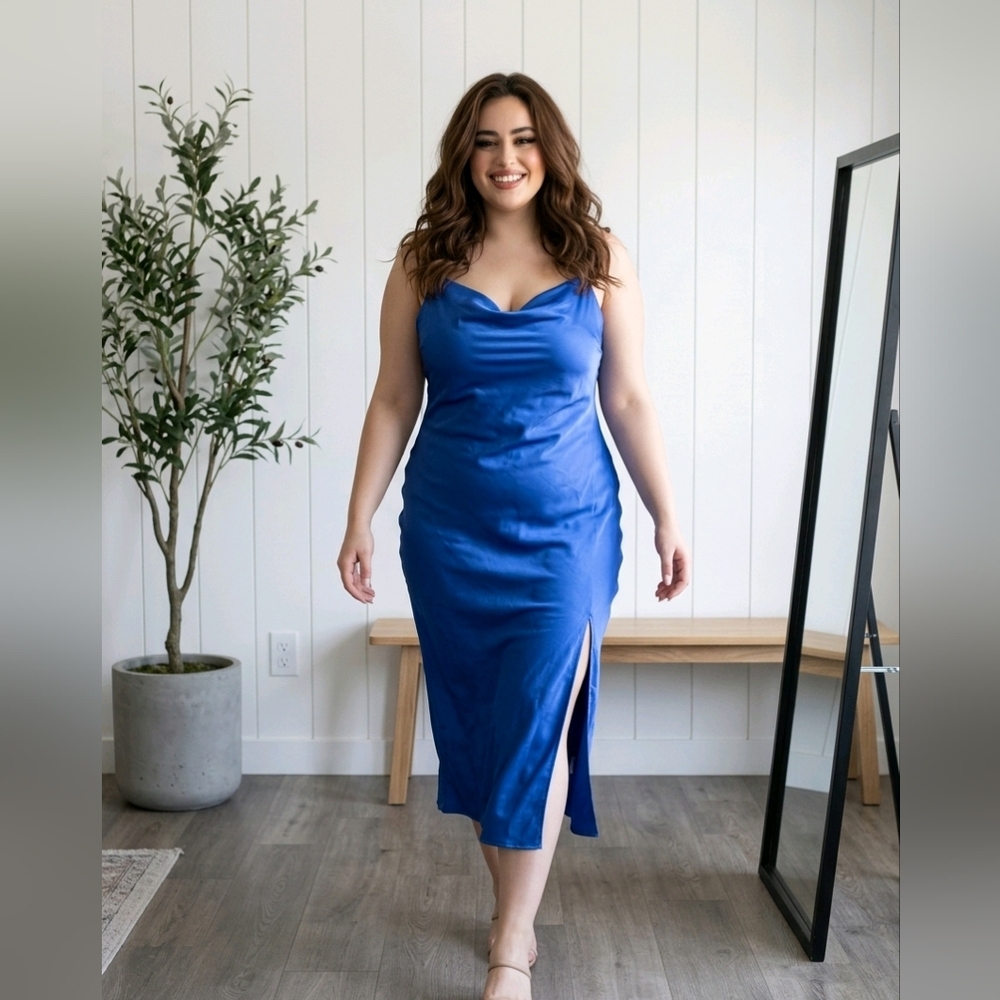Blue Satin Slit Midi Dress Large